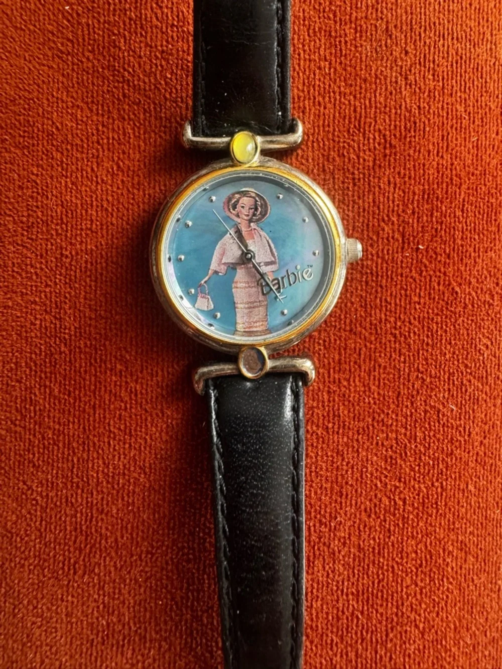 Vintage Fossil Barbie Watch with Black Leather Strap - Blue Dial